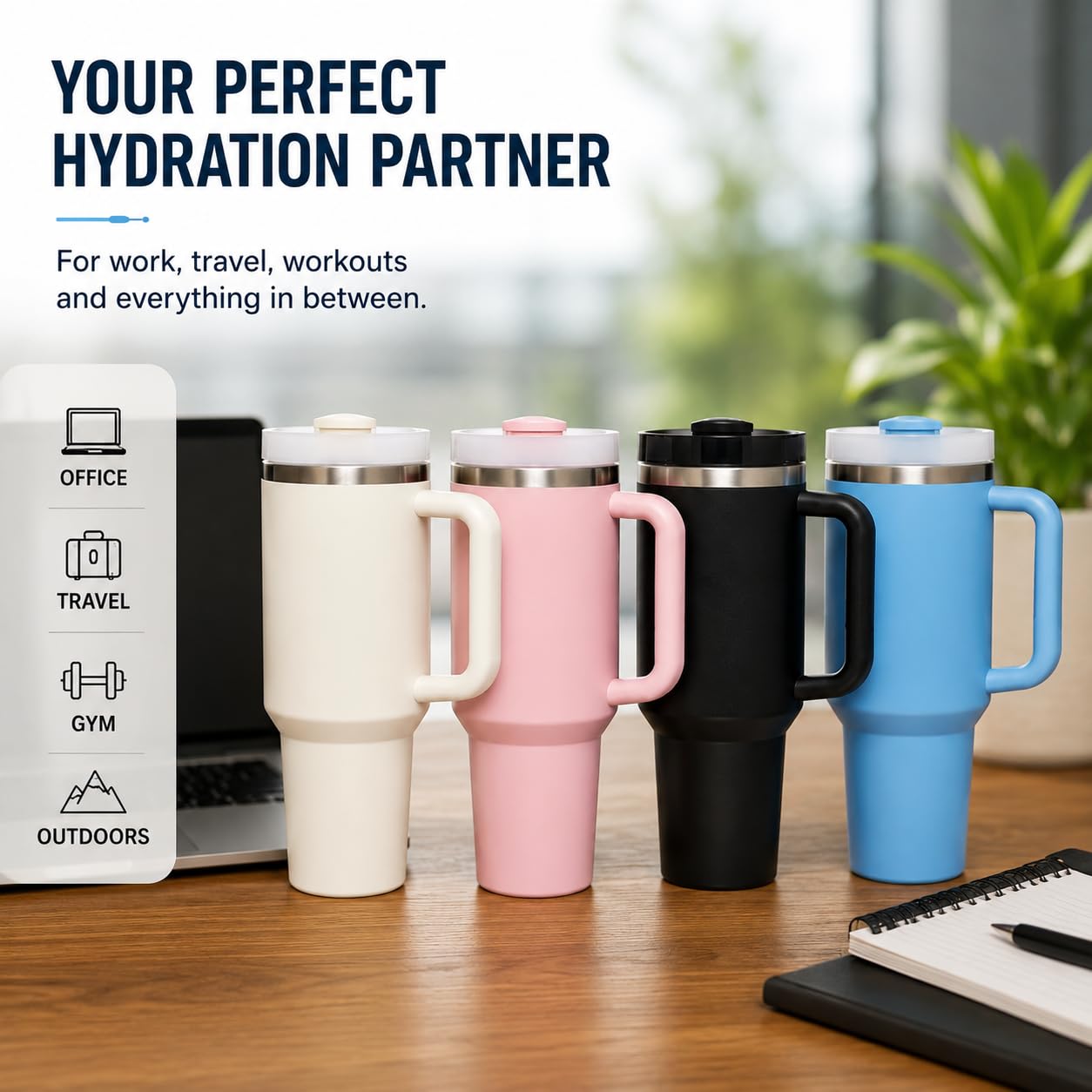 Insulated Tumbler Mug – Large 1200ML Capacity with Handle & Straw