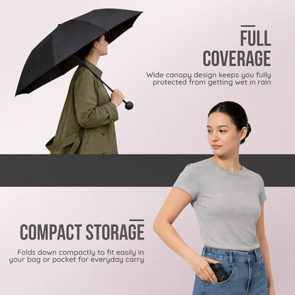 Mini Foldable Travel Umbrella | Black |UPF 50+ UV & Rain Protection | 3 Fold Compact | for Women, Men & Kids | Windproof, Waterproof, Pocket-Size with Storage Case