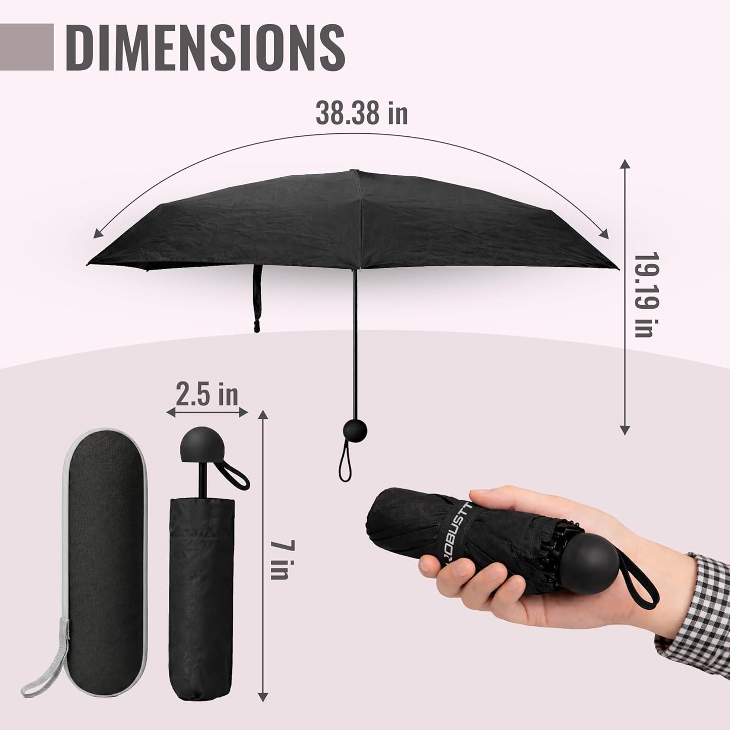 Mini Foldable Travel Umbrella | Black |UPF 50+ UV & Rain Protection | 3 Fold Compact | for Women, Men & Kids | Windproof, Waterproof, Pocket-Size with Storage Case