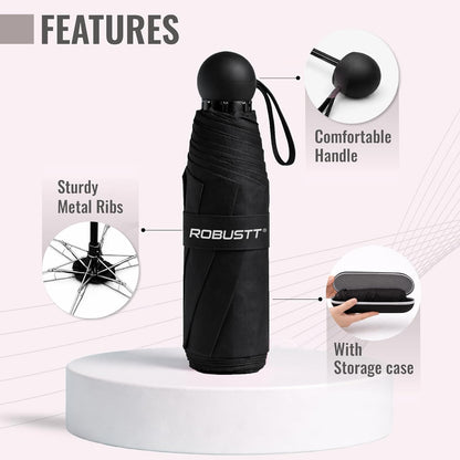 Mini Foldable Travel Umbrella | Black |UPF 50+ UV & Rain Protection | 3 Fold Compact | for Women, Men & Kids | Windproof, Waterproof, Pocket-Size with Storage Case