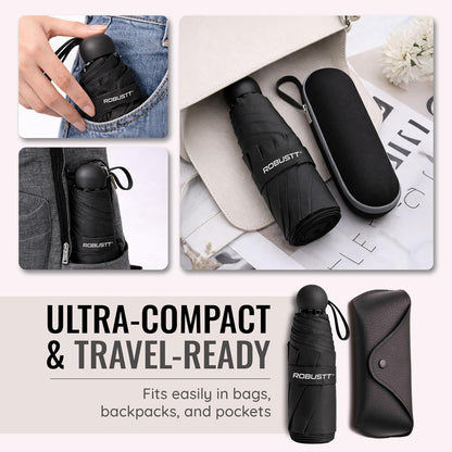 Mini Foldable Travel Umbrella | Black |UPF 50+ UV & Rain Protection | 3 Fold Compact | for Women, Men & Kids | Windproof, Waterproof, Pocket-Size with Storage Case